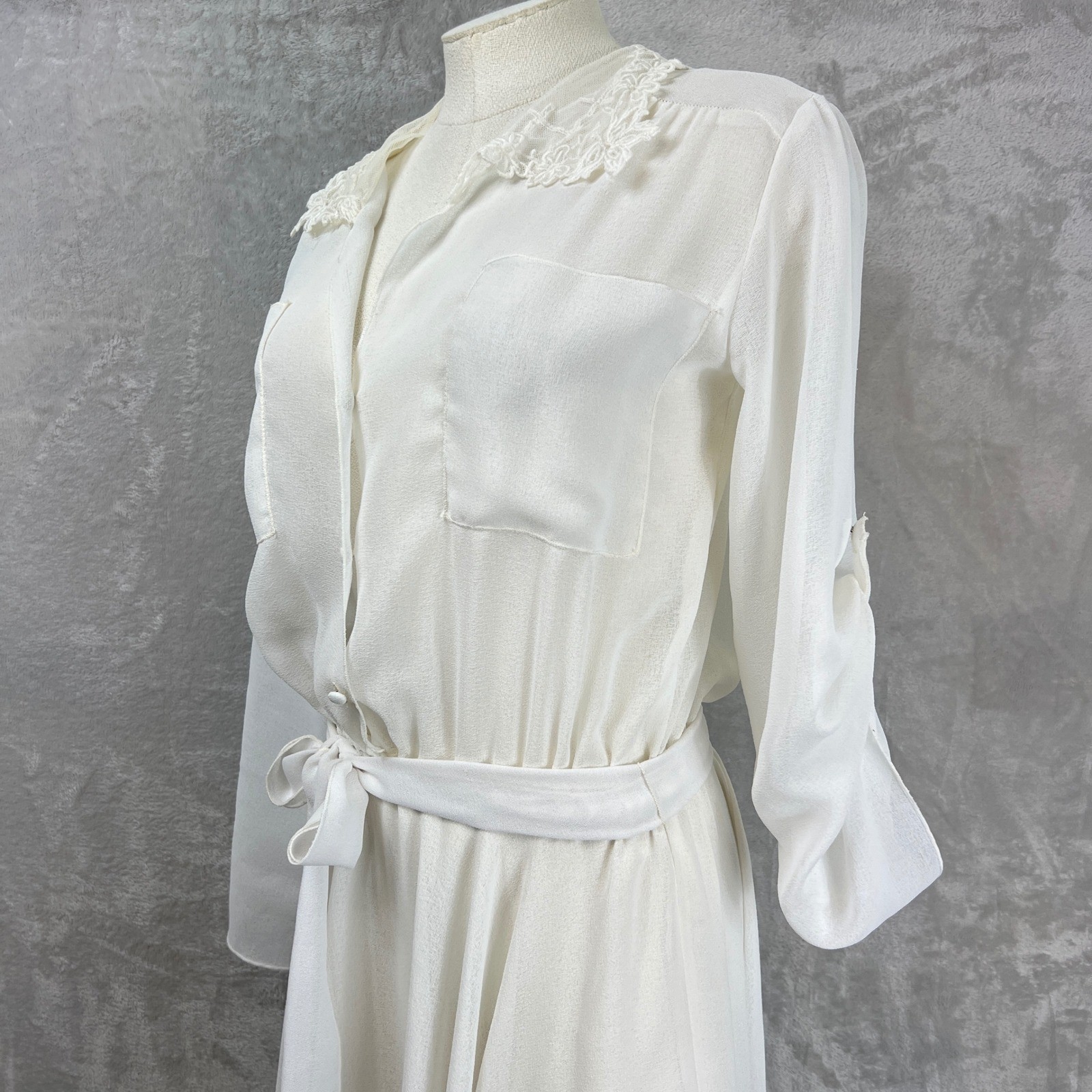 VTG 80s Strauss by Bonnie White Sheer Lace Collar Midi Dress Sz 5/6 modern S/M