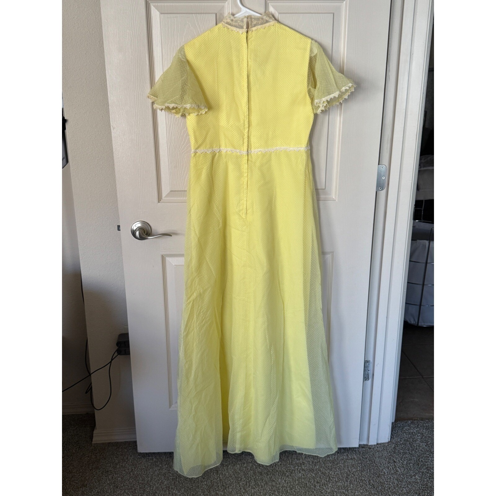 Vintage 70s Yellow Swiss Dot Lace Maxi Dress ILGWU Union Made Boho Prairie Sz 11