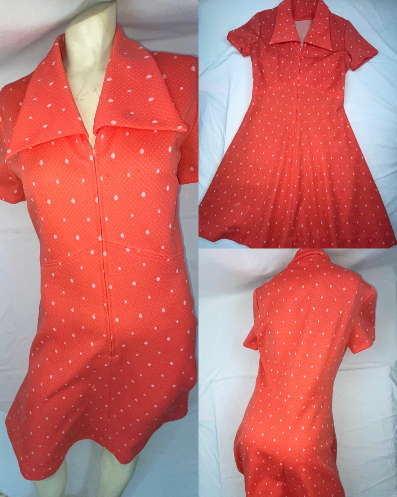 VTG 60S 70S WOMENS M POLYESTER RED POLKA DOT DISCO RETRO MOD ZIP FRONT DRESS