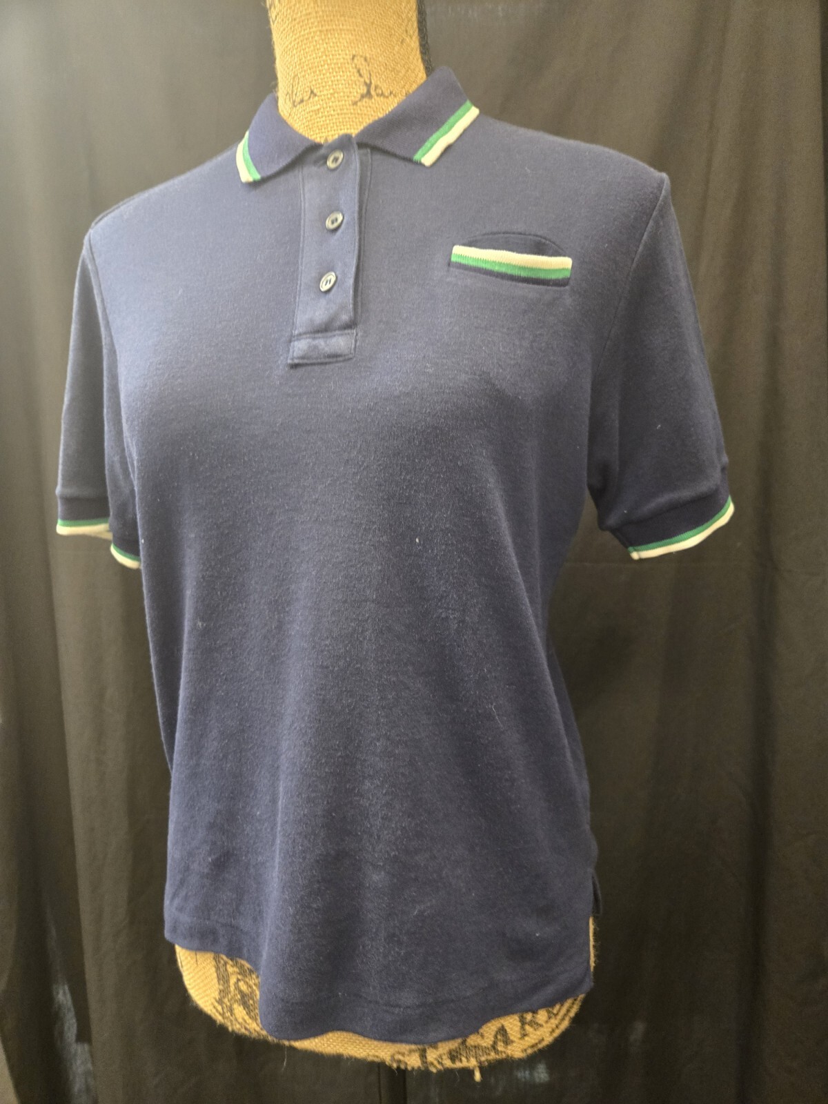 Vintage Erika Brand Navy Blue Polo with White/Green Trim Details, Size L