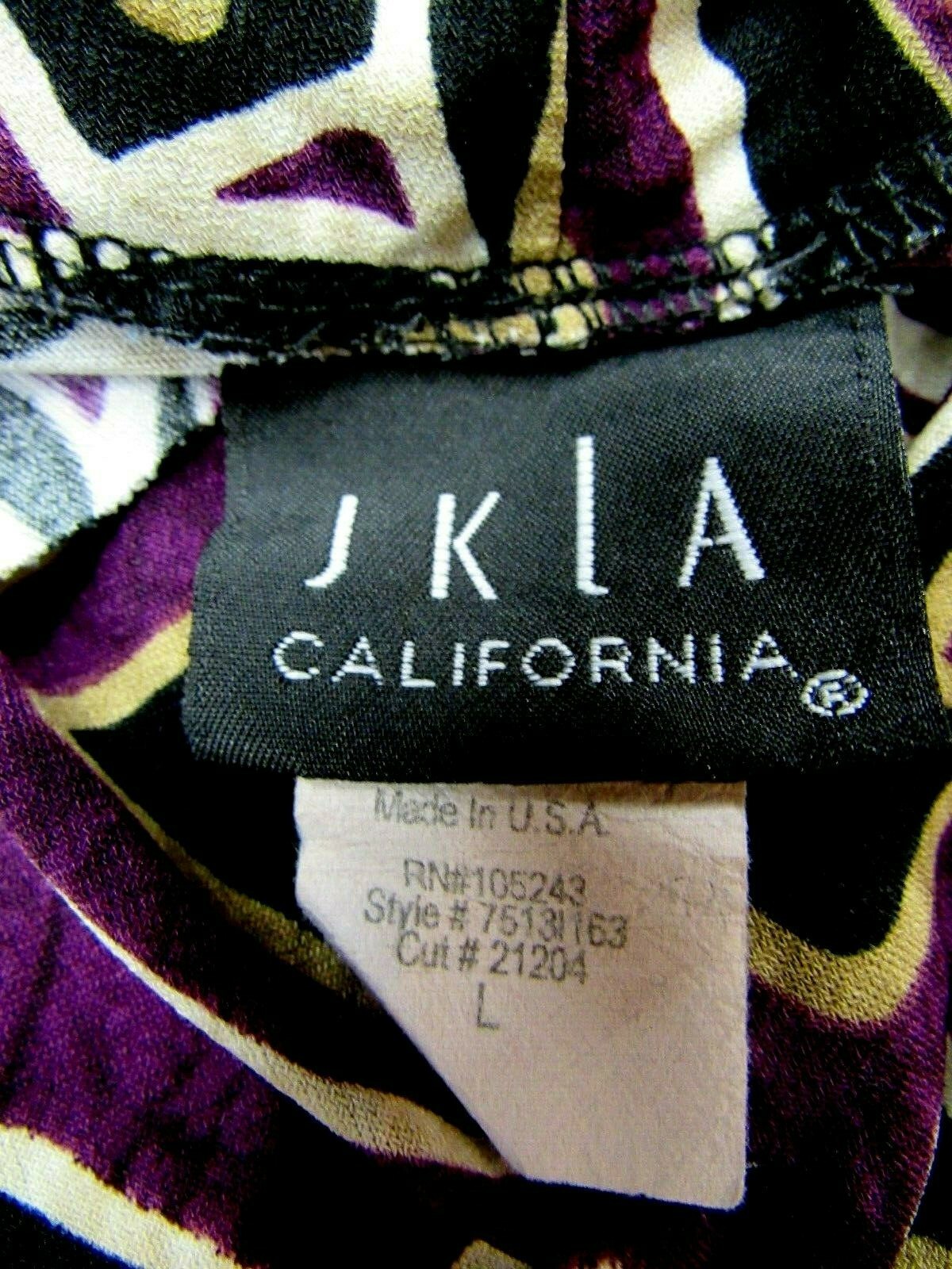 VTG JKLA Knit Faux Wrap Empire Waist Top Tribal Geometric Purple Black Tan L EUC