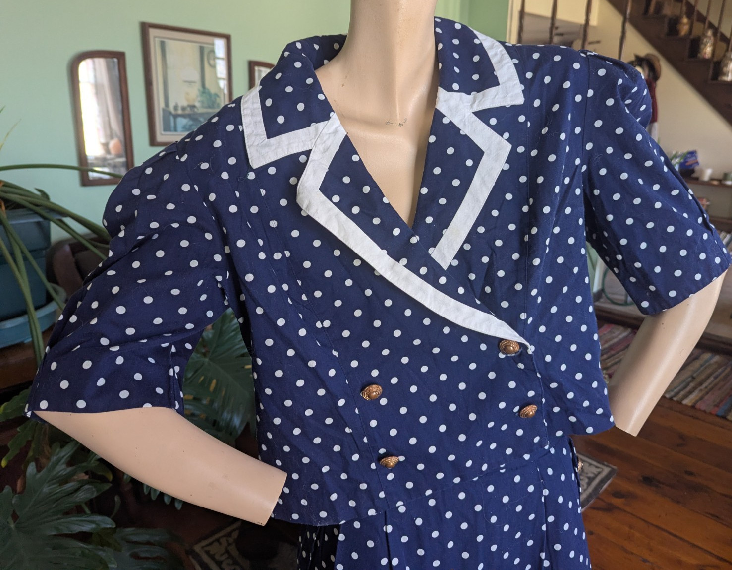 CHOON California Vtg 80s Polka Dot suit skirt short jacket Navy White sz16 EUC