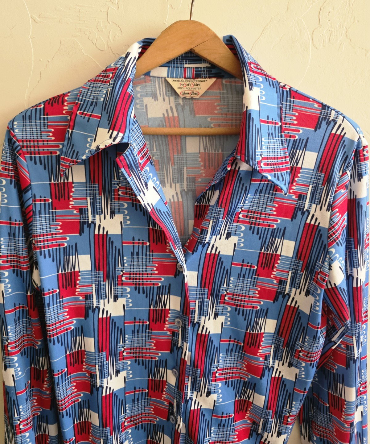 Vtg 70’s Sears Abstract Mod Disco Women’s Button Blouse Geometric Shirt Red Blue