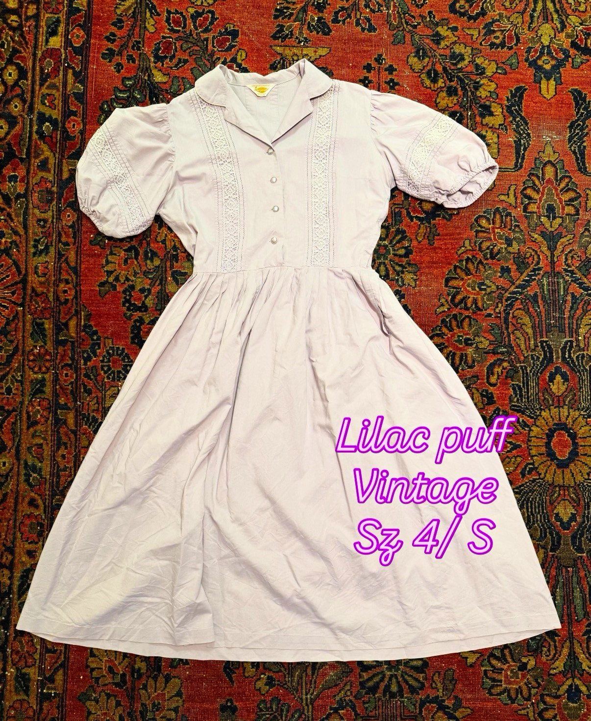Vintage Lilac Purple Puff Sleeve Dress, Size S / 4, Regular Size Type