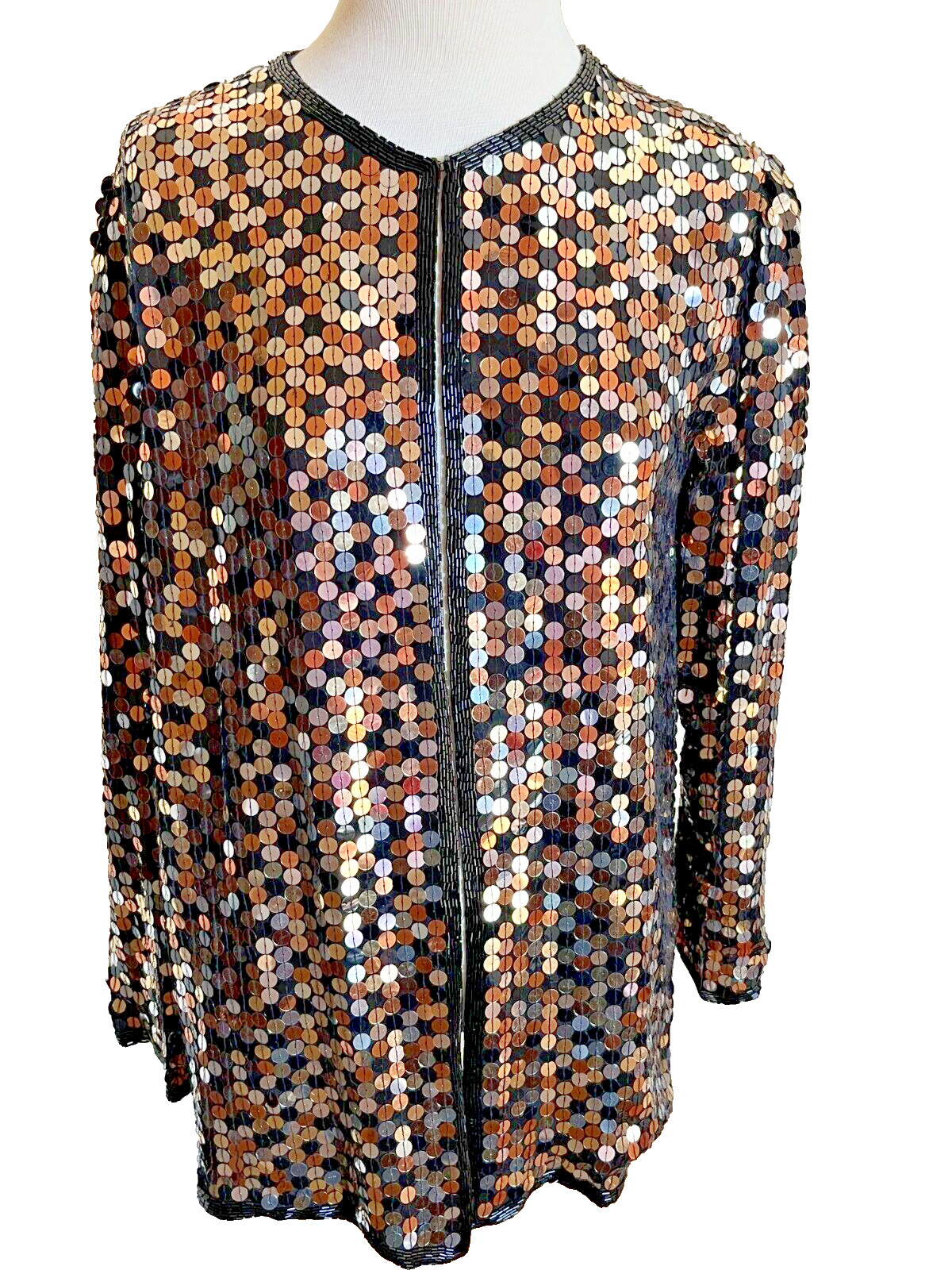 Oleg Cassini Sequin Silk Jacket Size Medium Womens Silver Gold Beaded Bling 80s