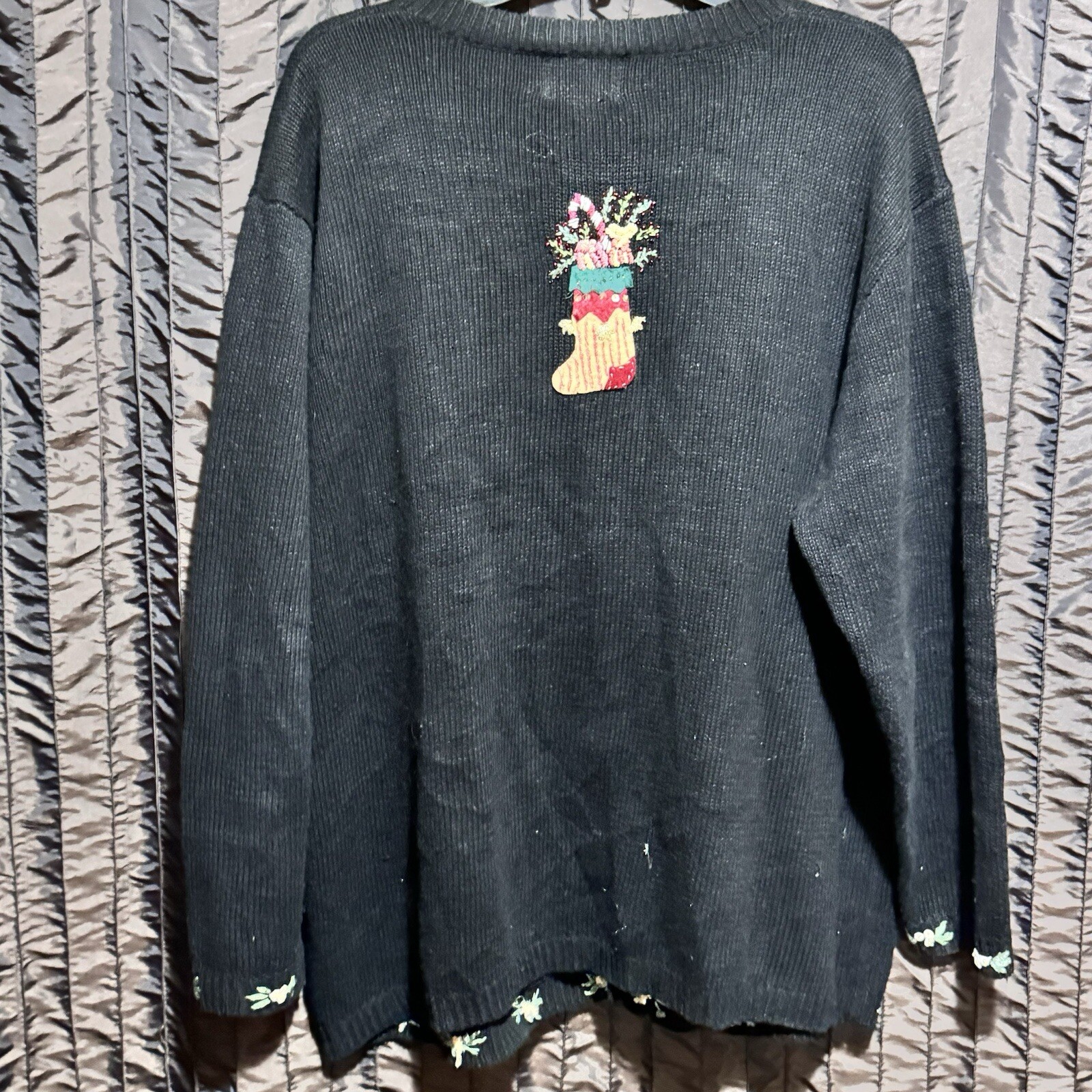 Stitches In Time Cardigan Sweater Stockings Holiday Christmas Black Size 1X Vtg