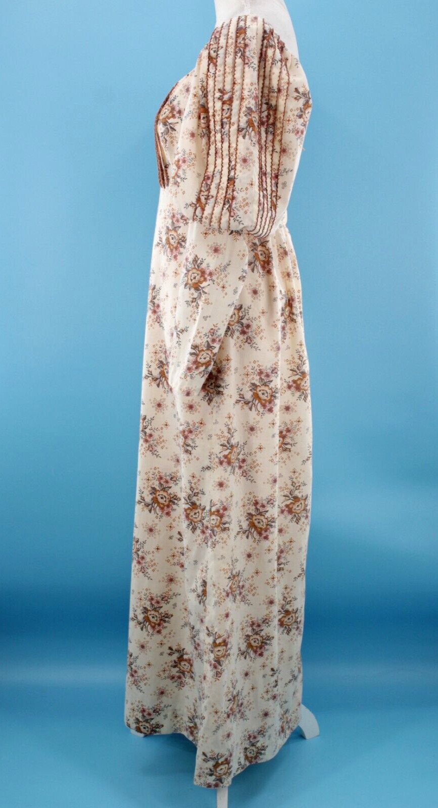 Vtg Women’s 70s Cream & Brown Floral Prairie Maxi Dress XS/S 1970s Cotton Quad