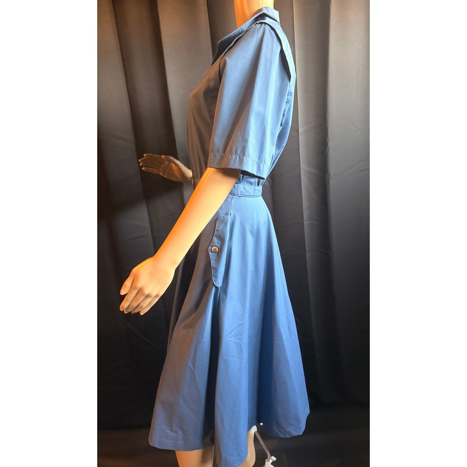 Vintage Blue Zip Front Midi Dress Short Sleeve Utility Workwear Pockets Retro