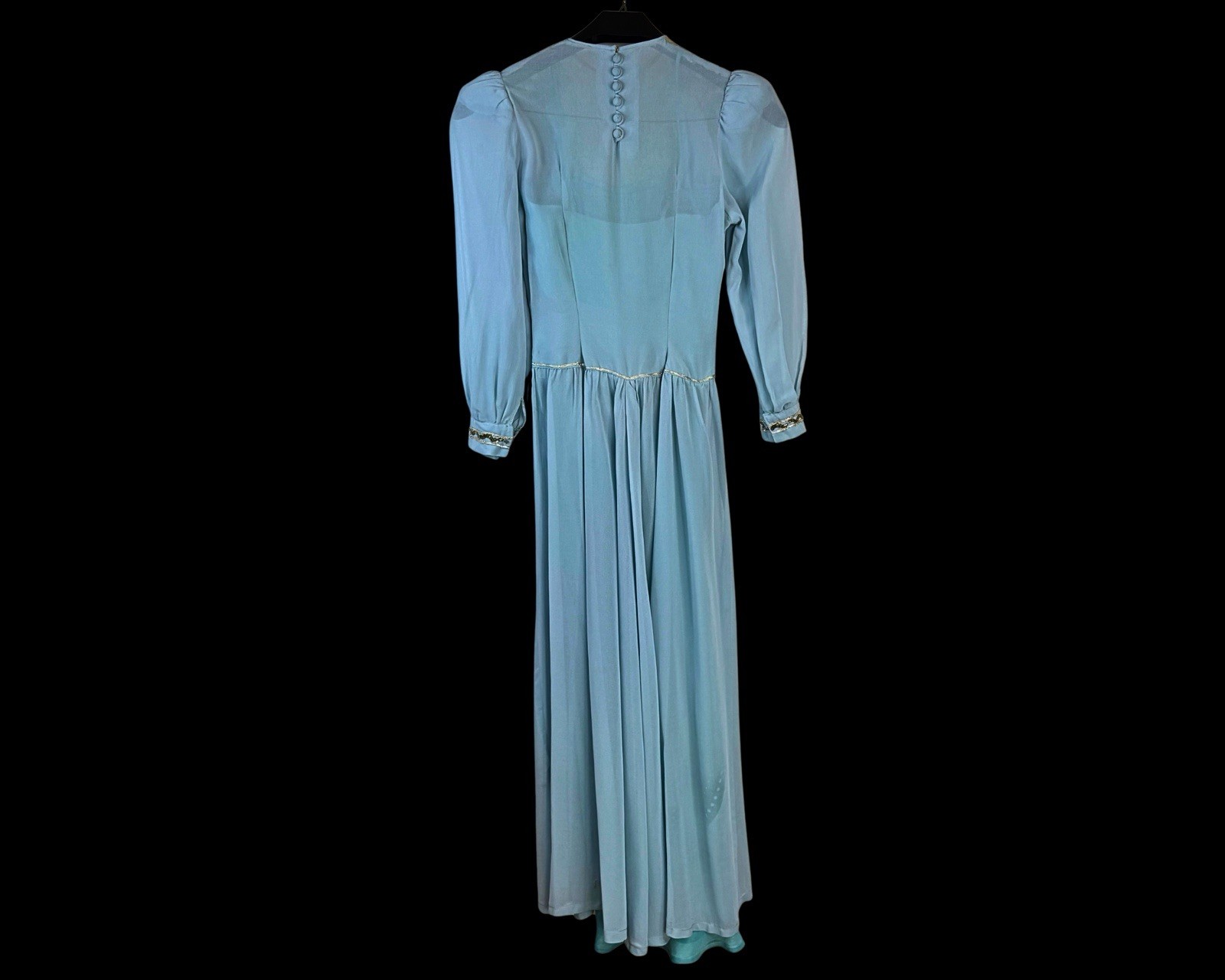 1940s Soft Blue Rayon Crepe and Lace Sequin embellished Strong Shoulder | XXS
