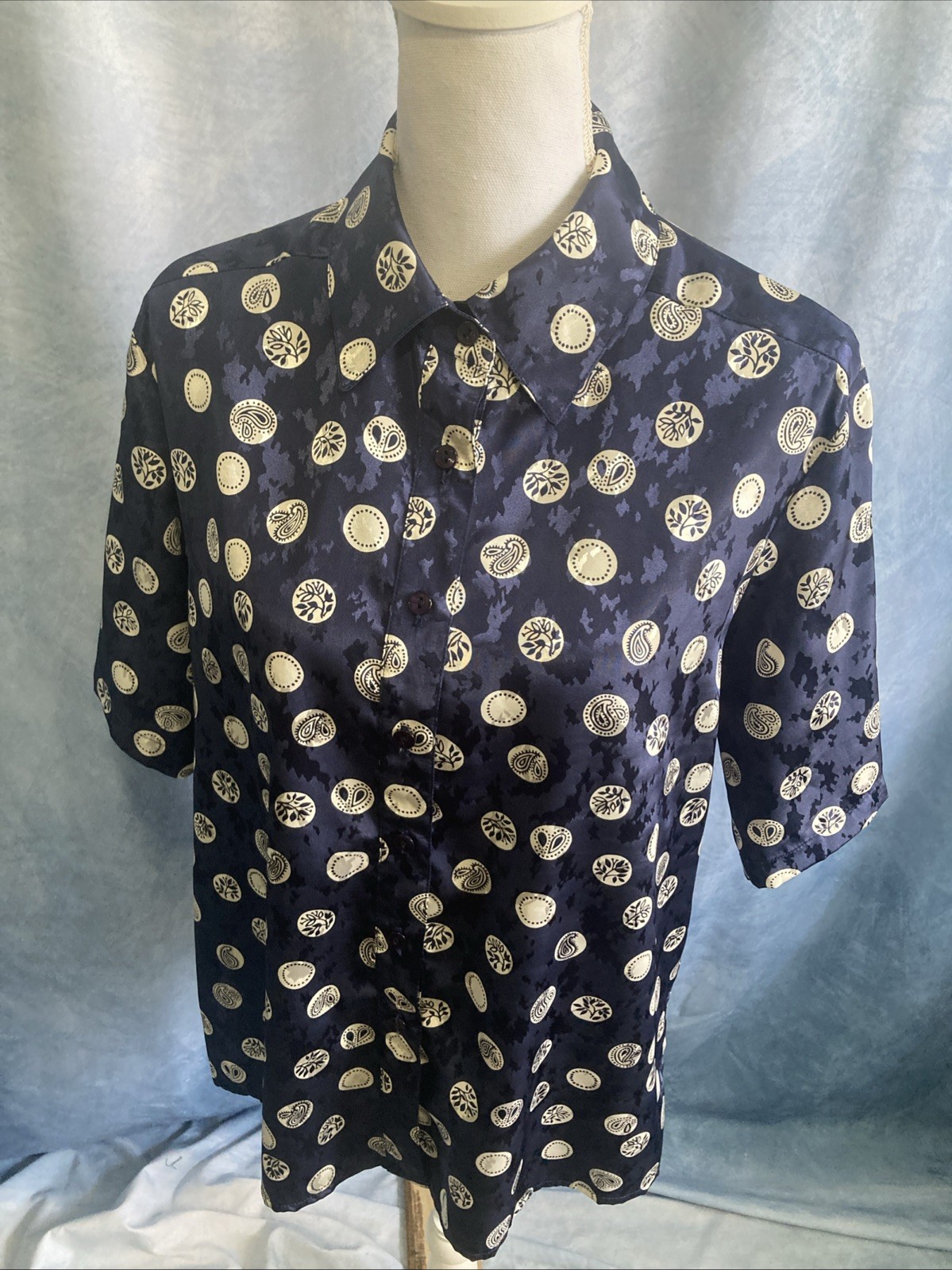 Vtg 80s Da-Rue Draper’s & Damon’s Navy Medallion Paisley Blouse Shirt 14P USA