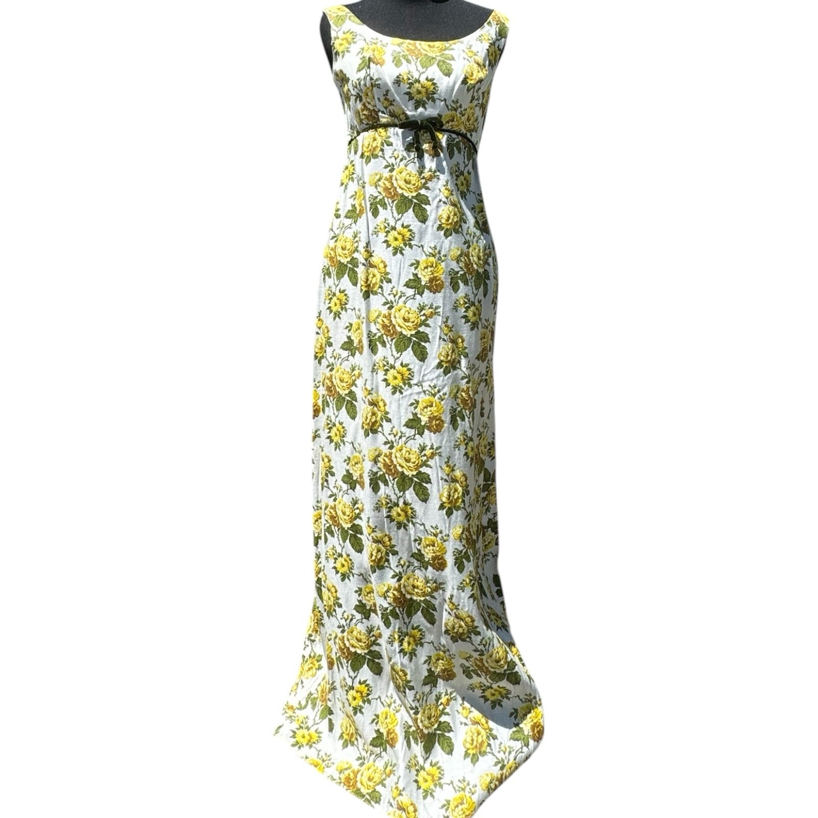 Vintage 60s 70s Floral Maxi Dress Yellow Roses Empire Waist XS