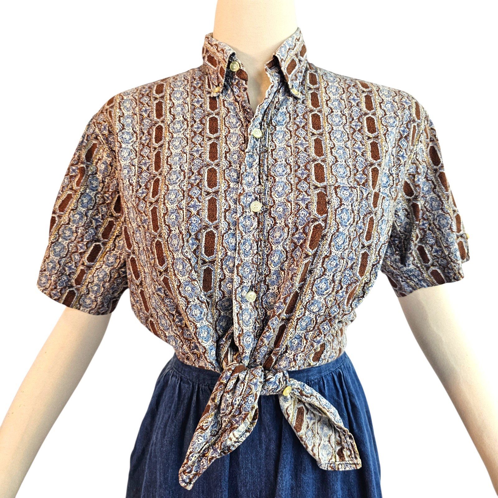Vintage 1970s Blue Brown Pattern Short Sleeve Button Down Collared Retro Disco