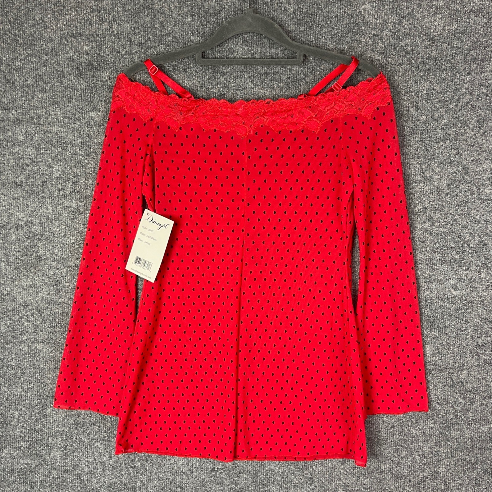 NEW VINTAGE Y2K Dreamgirl dress Small Red polka dot Heart Mesh Off Shoulder