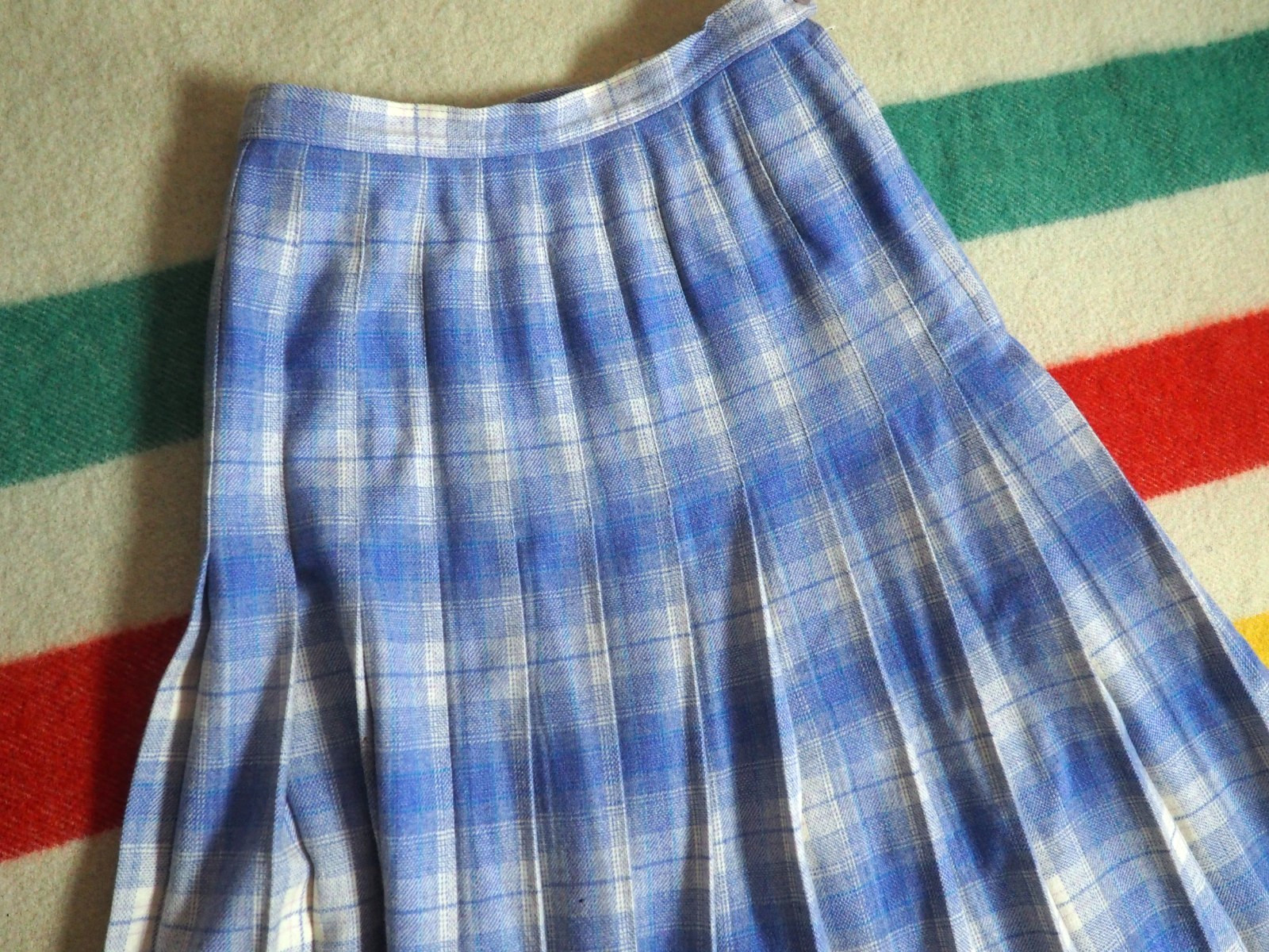 VTG 70s Pendleton Virgin Wool Blue White Plaid Tartan Boho 27W Hippy Skirt Women