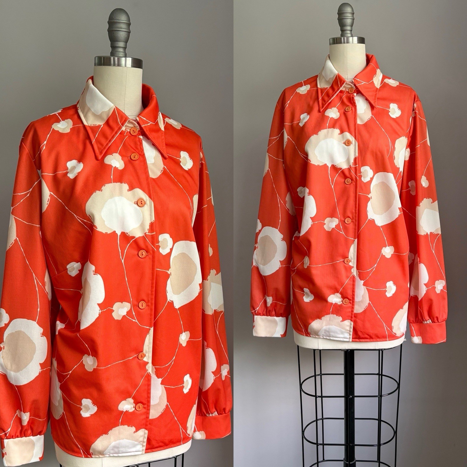 Vintage 1970’s Orange Mod Poppies Polyester Dagger Collar Button Down Shirt 2XL