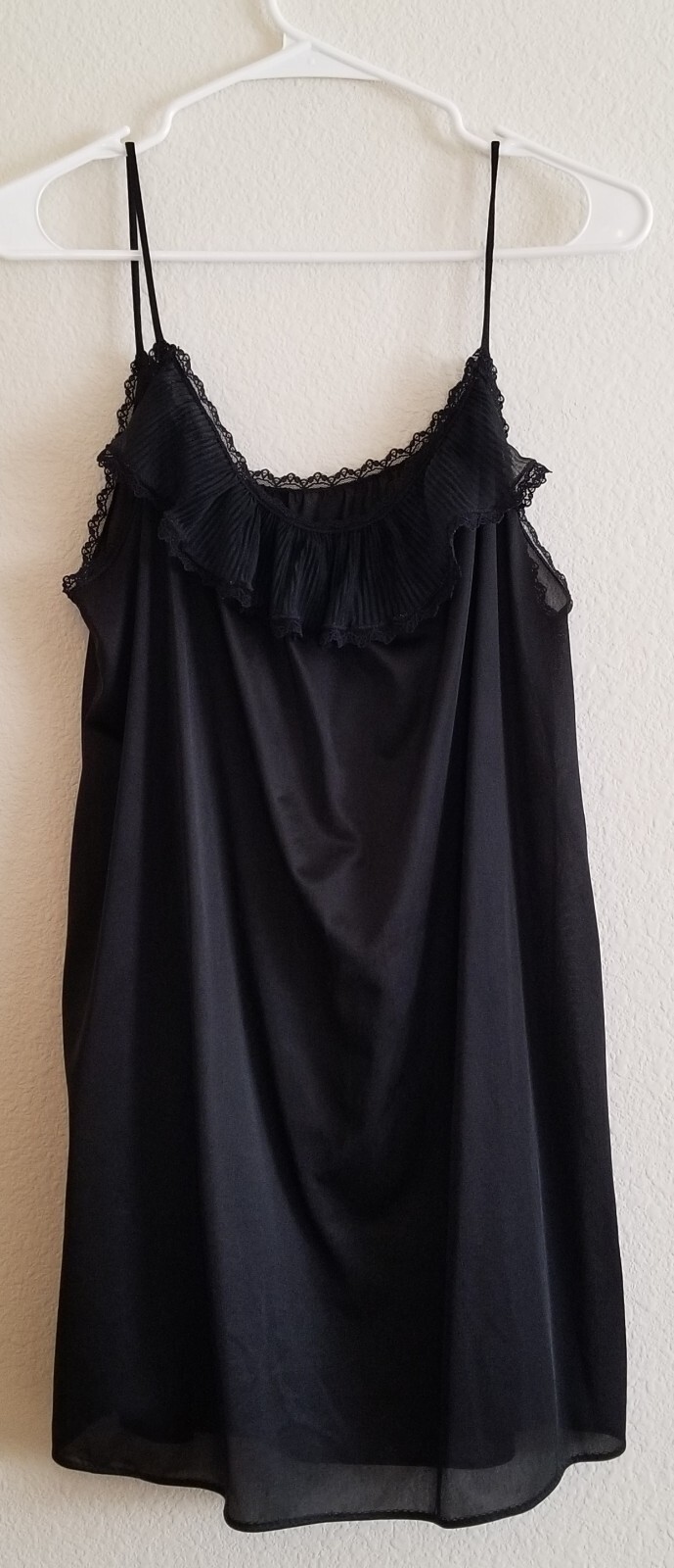 Sears 1980s Nightie Slip Black Ruffled Trim Lingerie Nightgown Medium 12-14 VTG