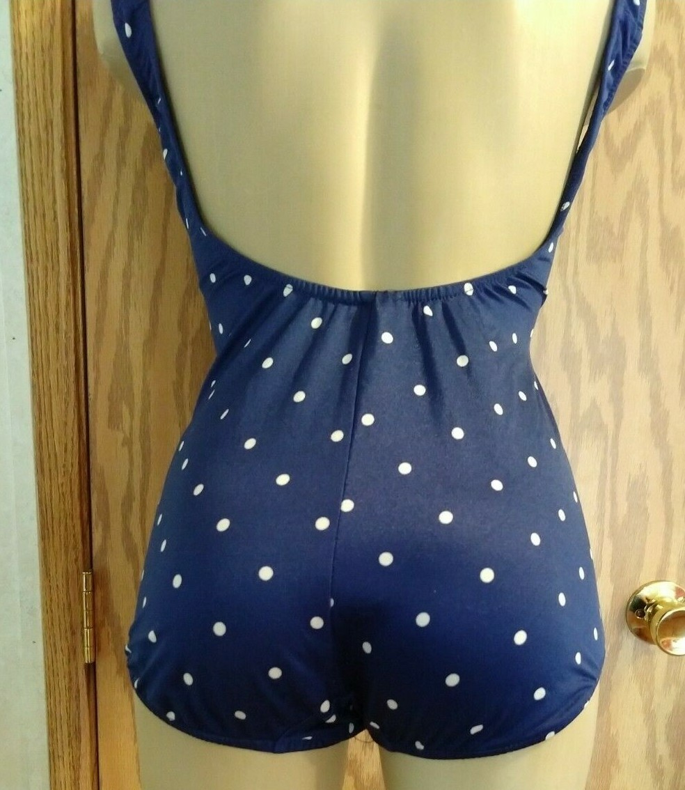 Womens Maxine Of Hollywood Polka Dot Ruched Swimsuit Pinup Bombshell bra VTG