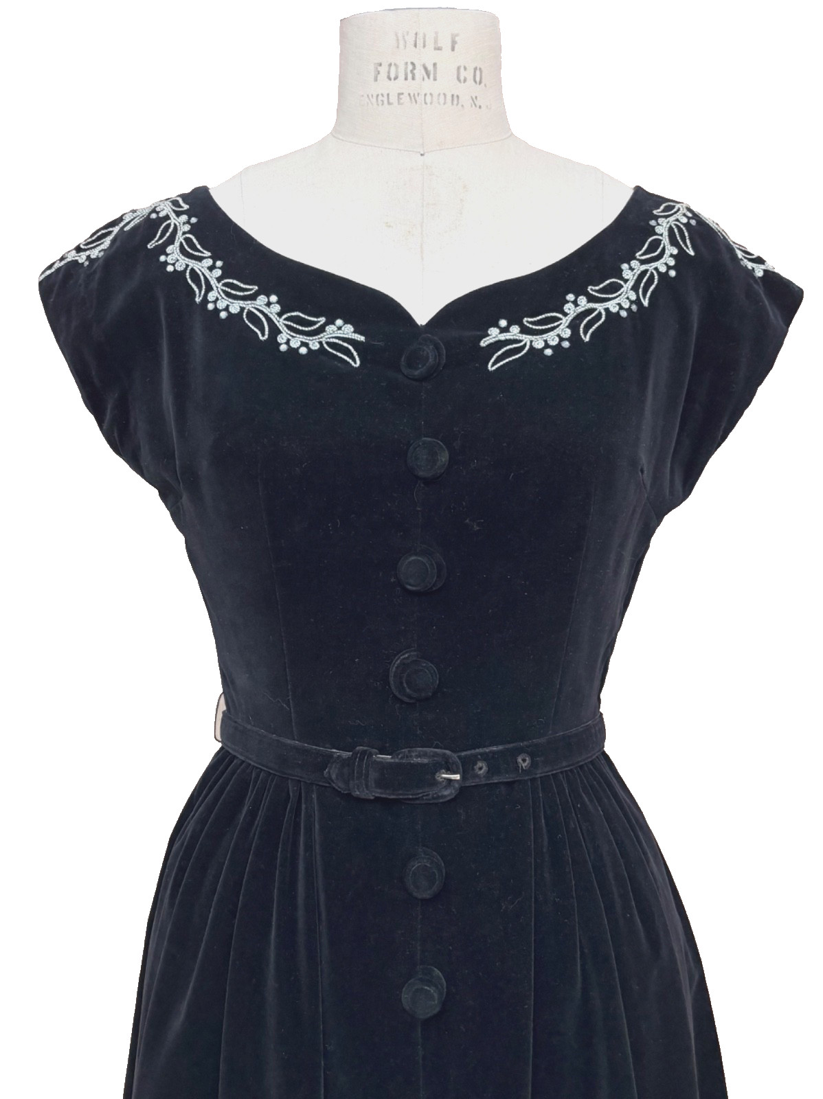 VTG 40s 50s MINX MODES Velveteen Dress Cord Embroidery Rhinestone Boat Neck XS