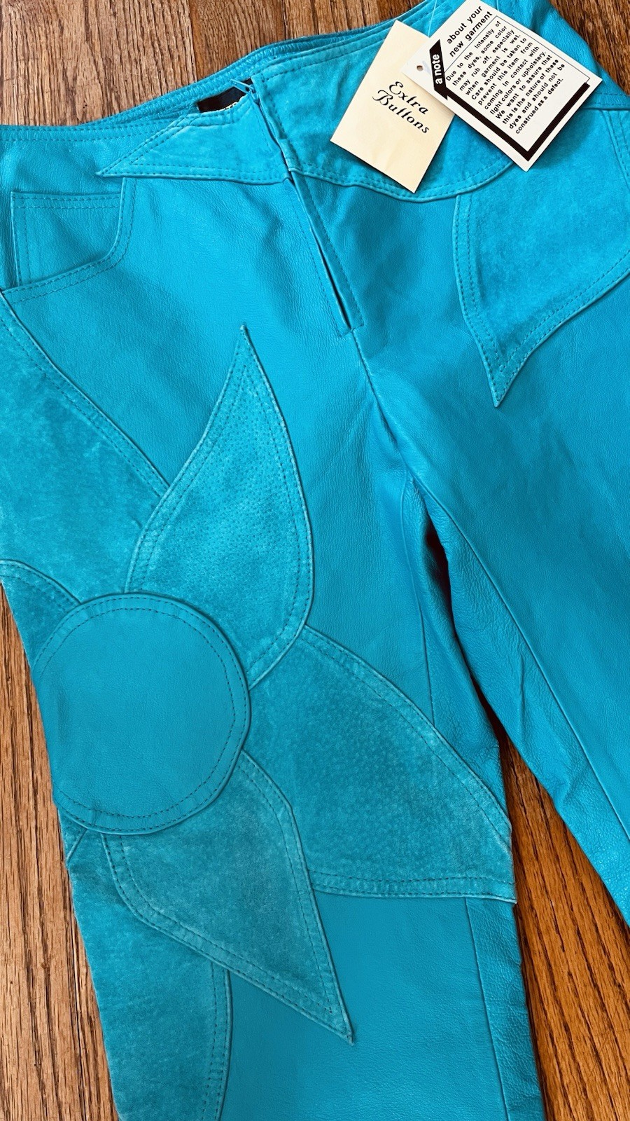 Deadstock METROSTYLE Suede Leather Floral Patchwork Turquoise Hippy Flare Pants