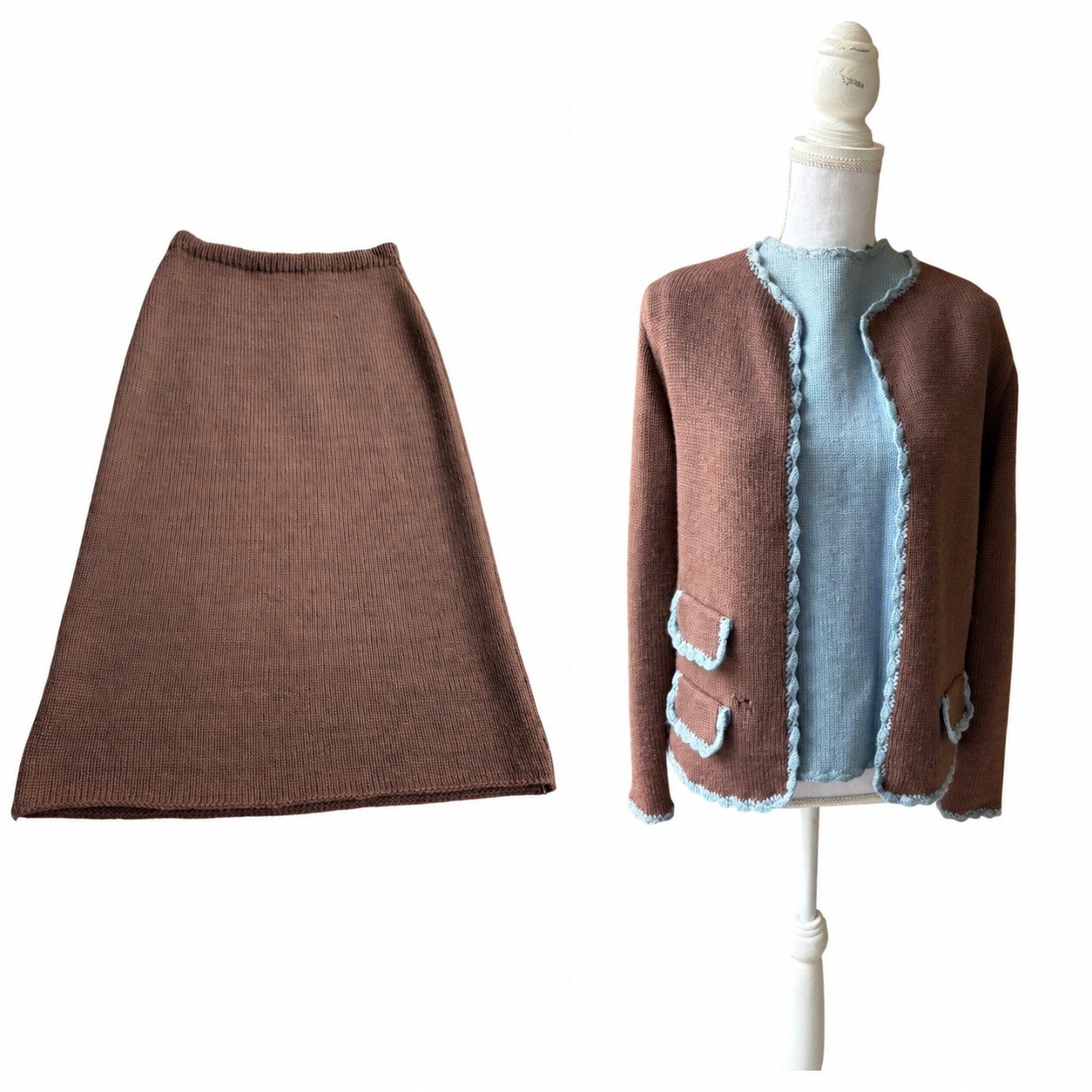 Vintage 60s 3 Piece Knit Skirt Suit Brown Blue Cardigan Shell Mod Jackie O