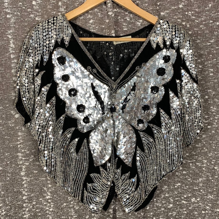 Vintage Sequin Butterfly Top Batwing Silver/Black Women’s Retro Disco Glam