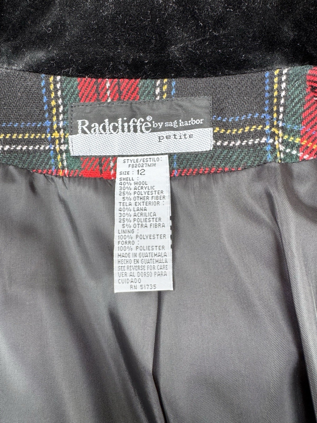 Festive Vintage 1980s Plaid Wool Blend Oversized Blazer W/ Velvet Collar 12P