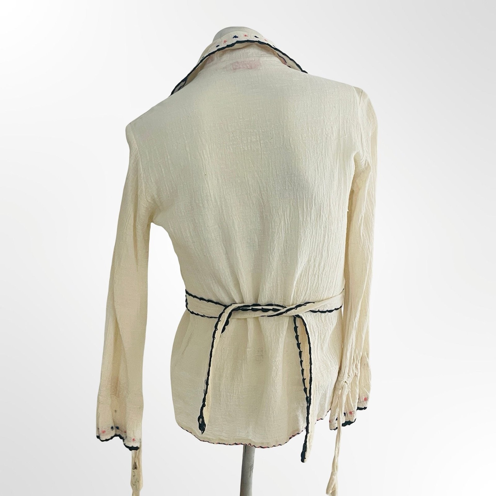 Vintage 1970s Indian Cotton Gauze Embroidered Blouse with Waist Tie