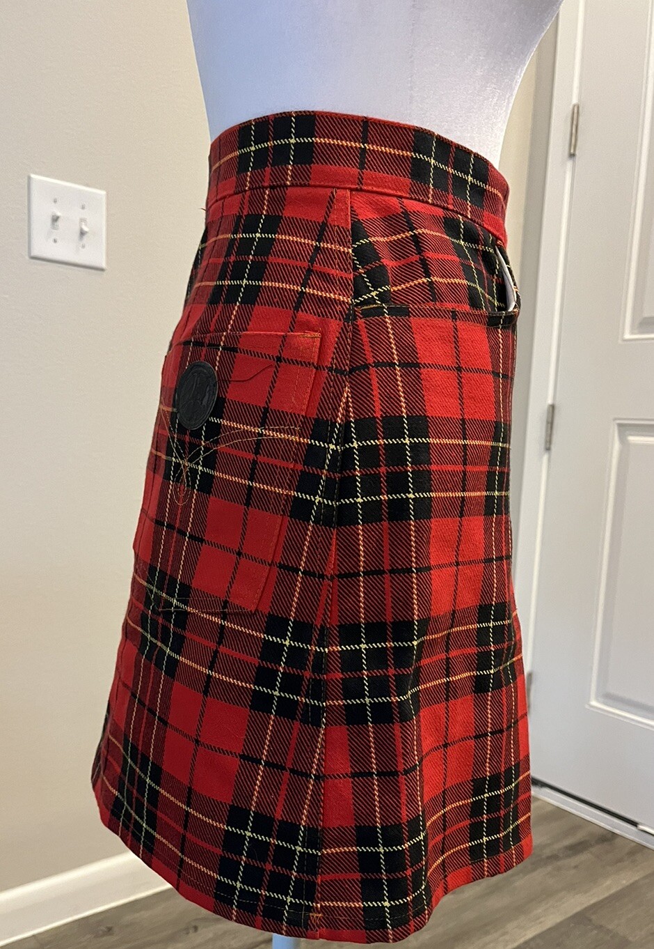 VTG 90’s Moschino Jeans Red Black Plaid Schoolgirl Pleated Leather Peace Skirt