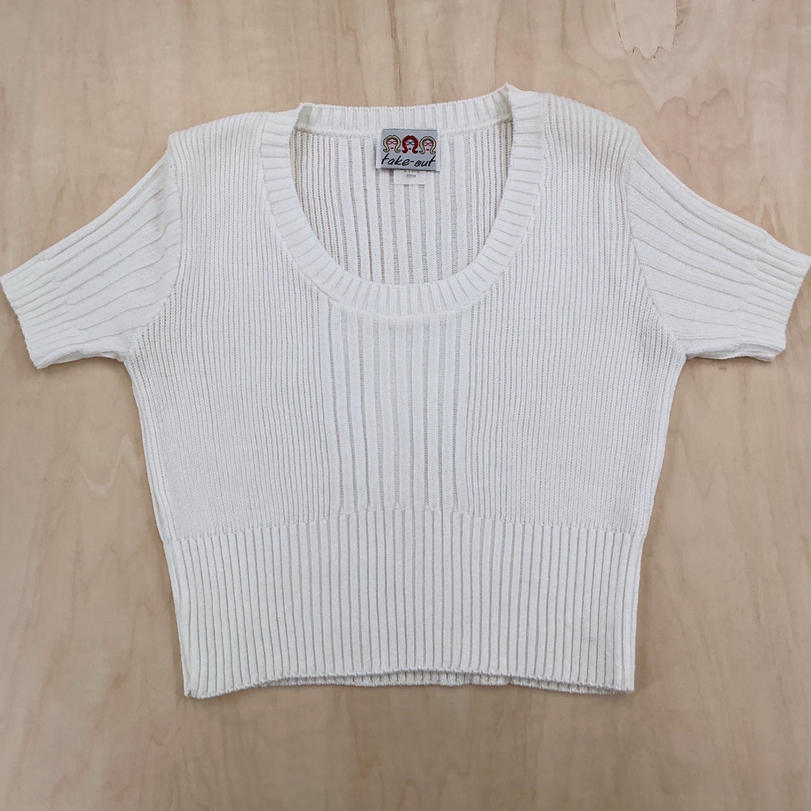 Take-Out Knit Top Womens Medium White Ribbed Cotton Scoop Neck 90s Vintage USA