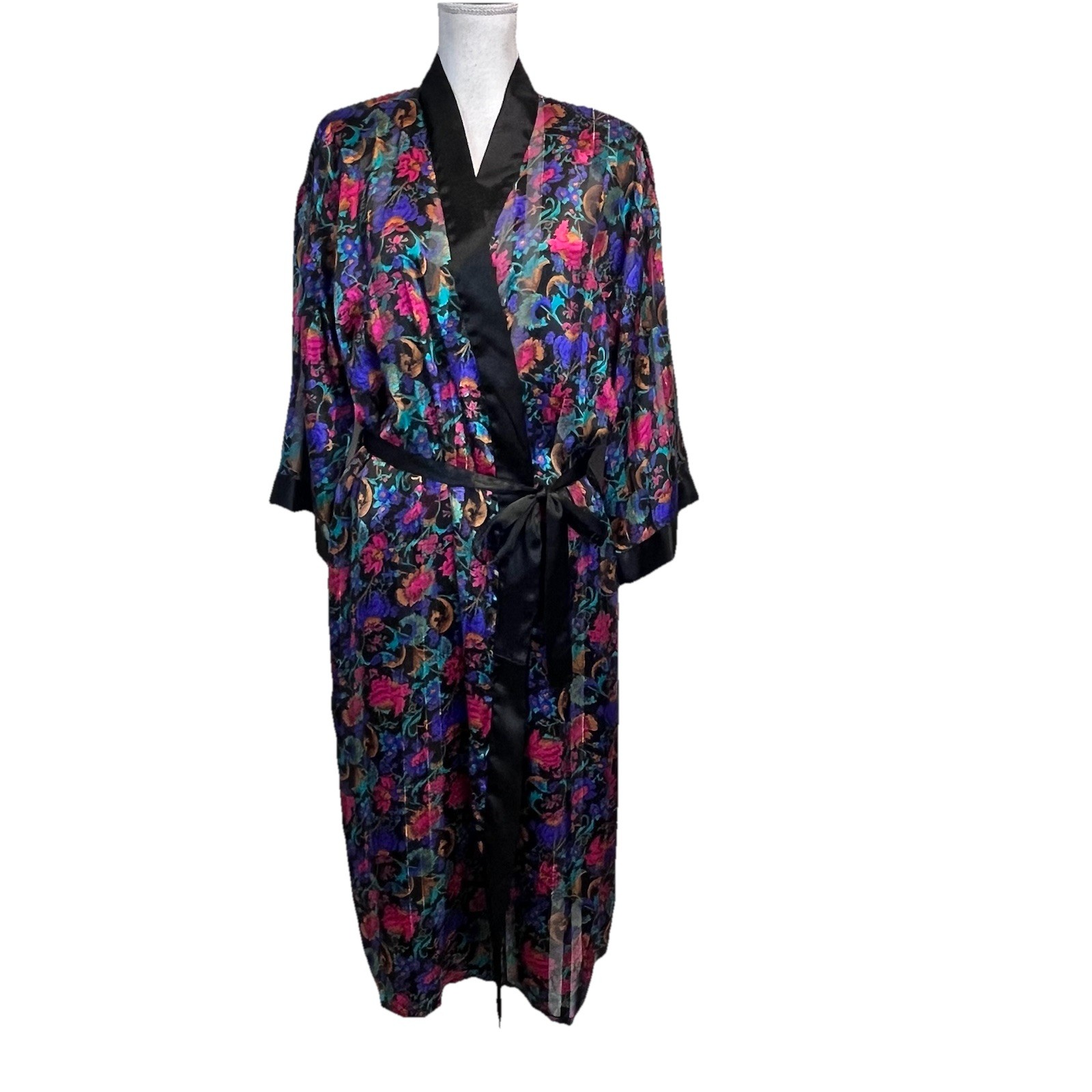 Vintage Inner Most Lingerie Robe sz Medium Black Pink Purple Floral Wrap Satin