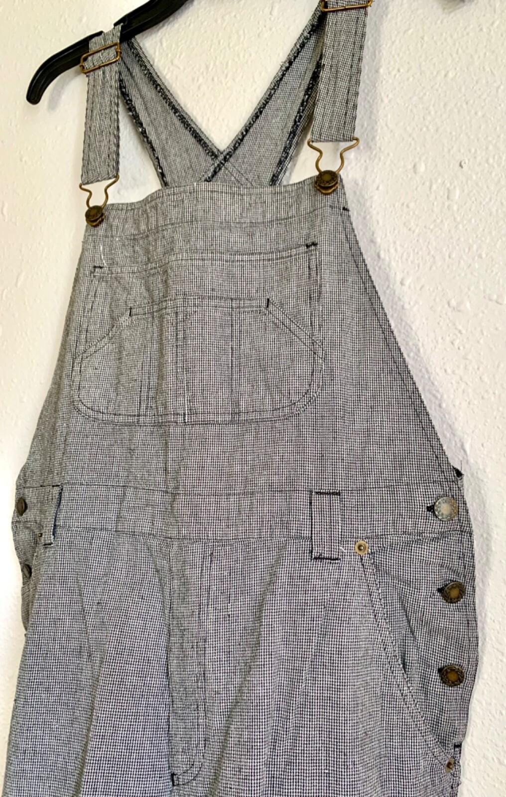 90’s VTG Cropped BIB OVERALLS Houndstooth B&W Cotton M 34×17 grunge punk hippie