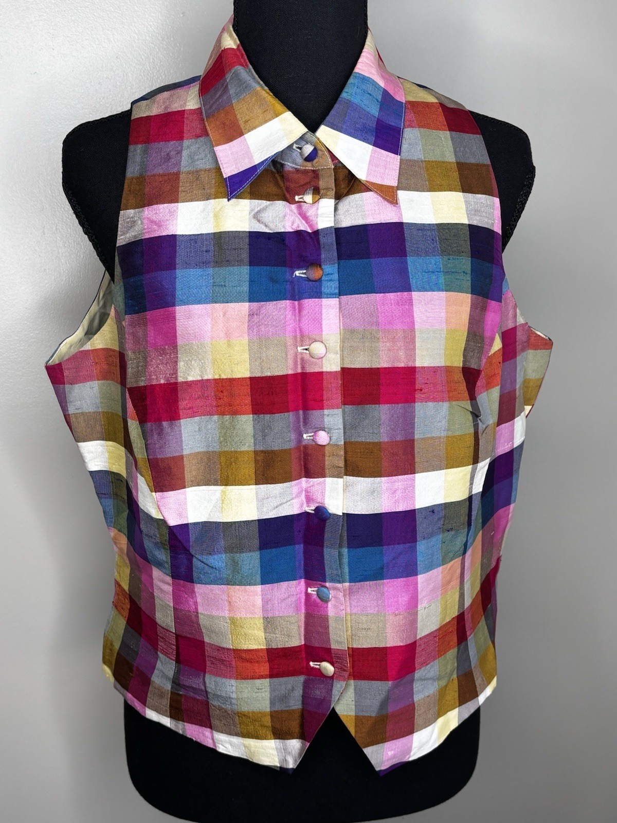 Vintage Limited America Women’s Plaid Silk Button Up Vest Size Large