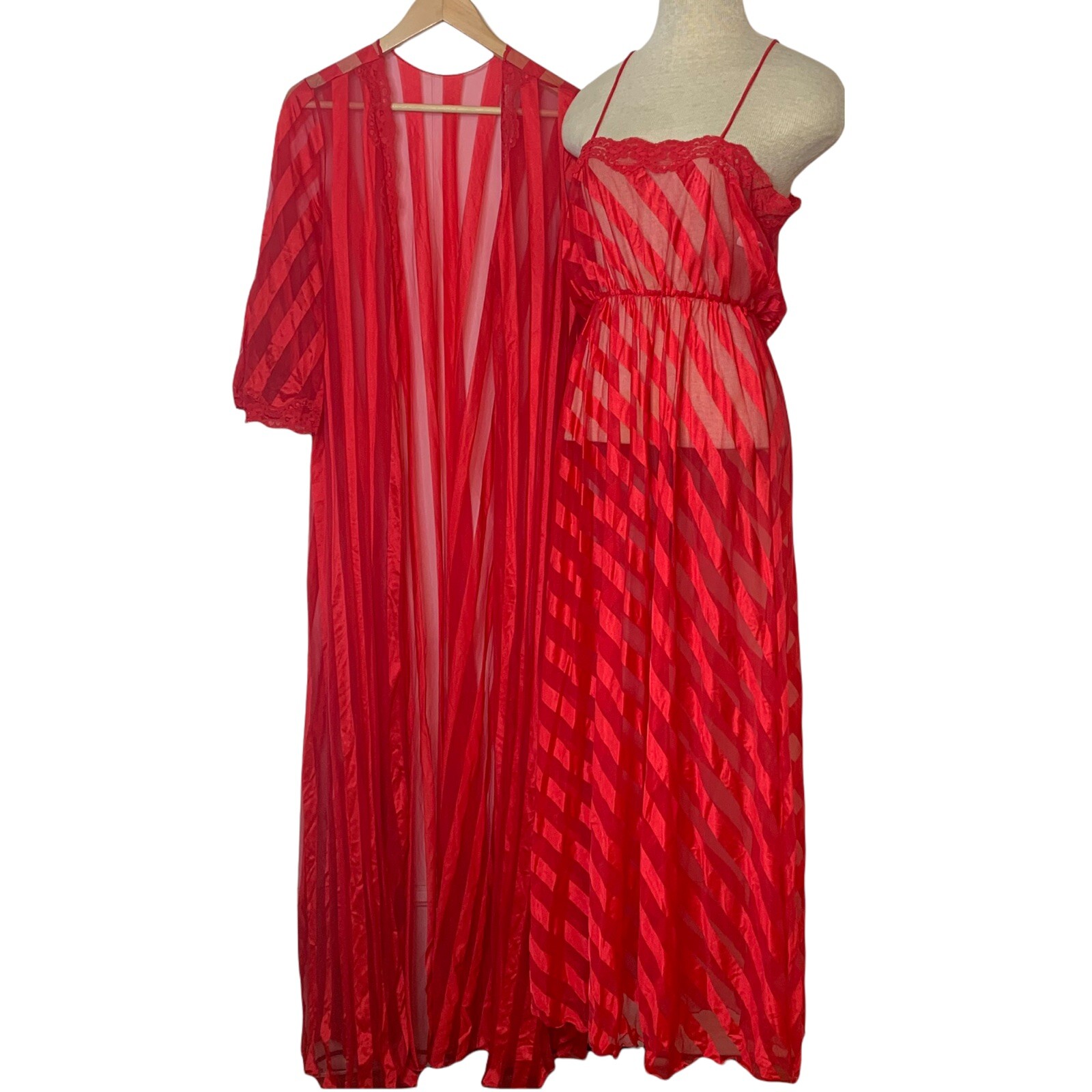 Vintage Jenelle of California Red Sheer Chiffon Peignoir Nightgown Set Gown S M