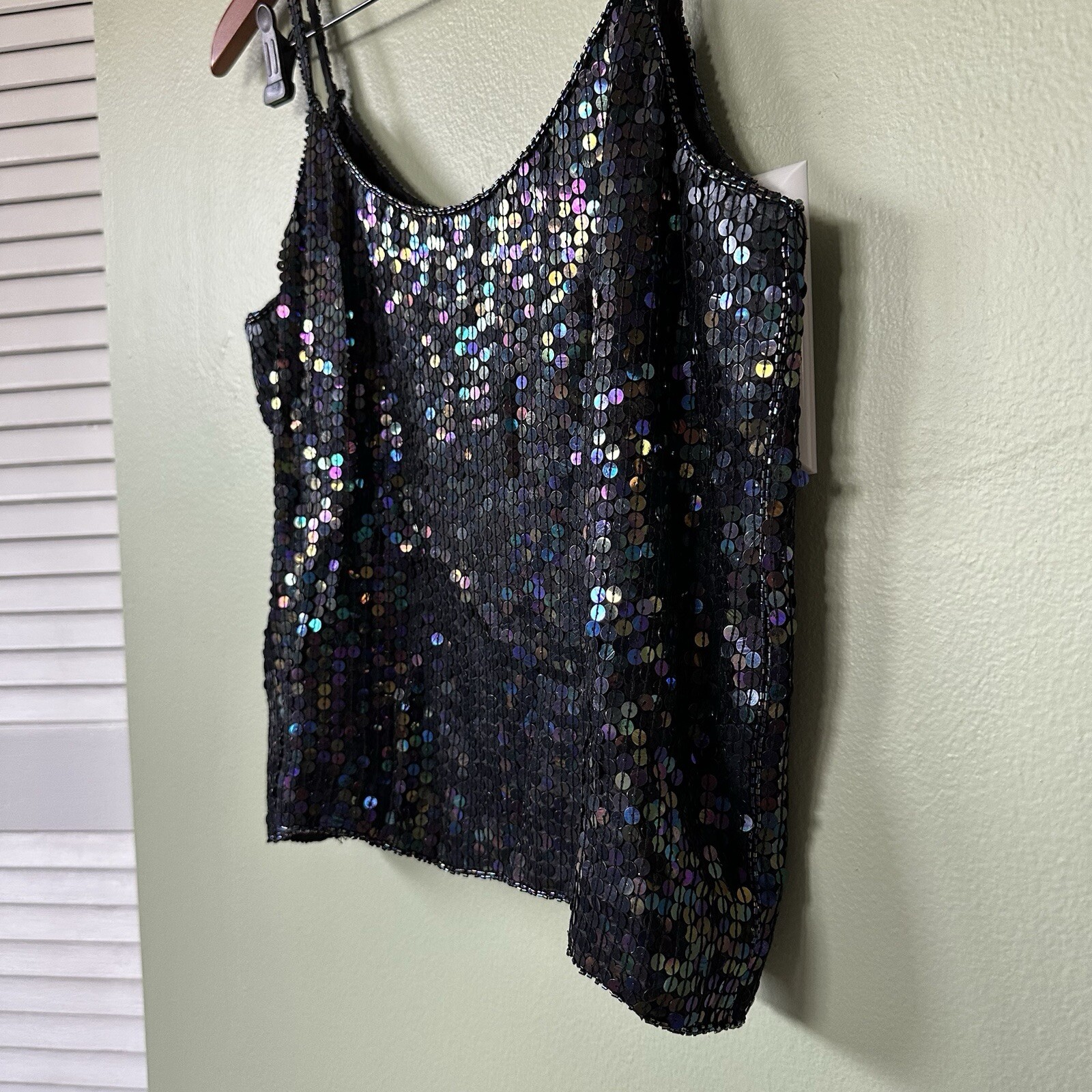 VTG 100% Silk Sequins Beaded Spaghetti Black Strap Top Spell Bound Size Medium