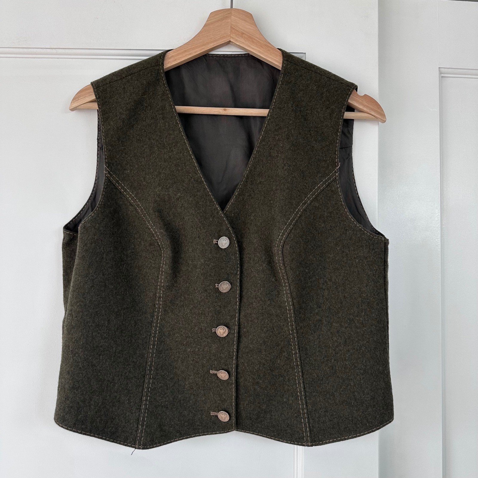 Vintage Green Loden Wool Vest Austrian Trachten Waistcoat Alpine Heritage Gilet
