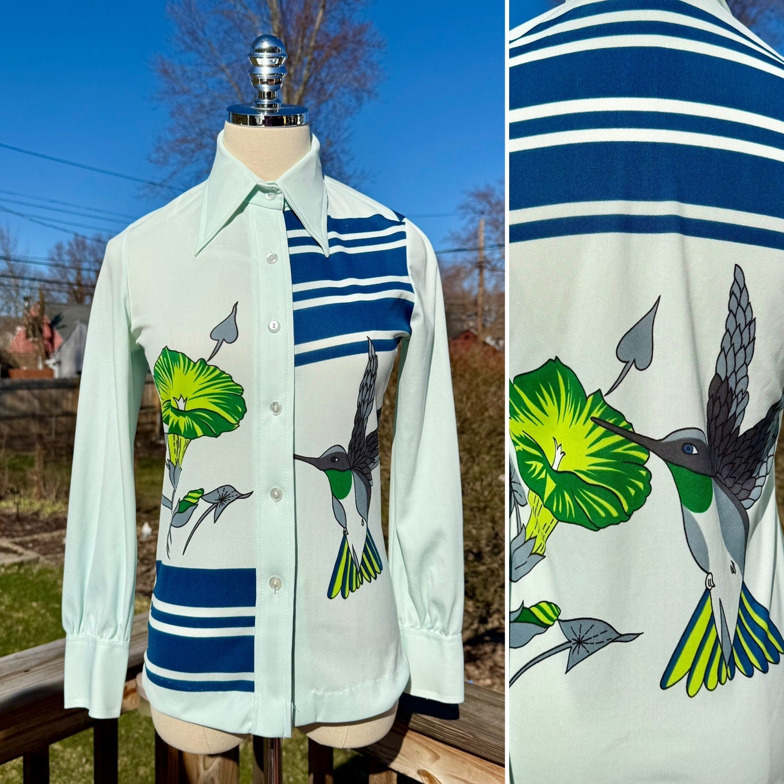 Vintage 70s Pale Blue Novelty Hummingbird Flower Print Button Down Blouse