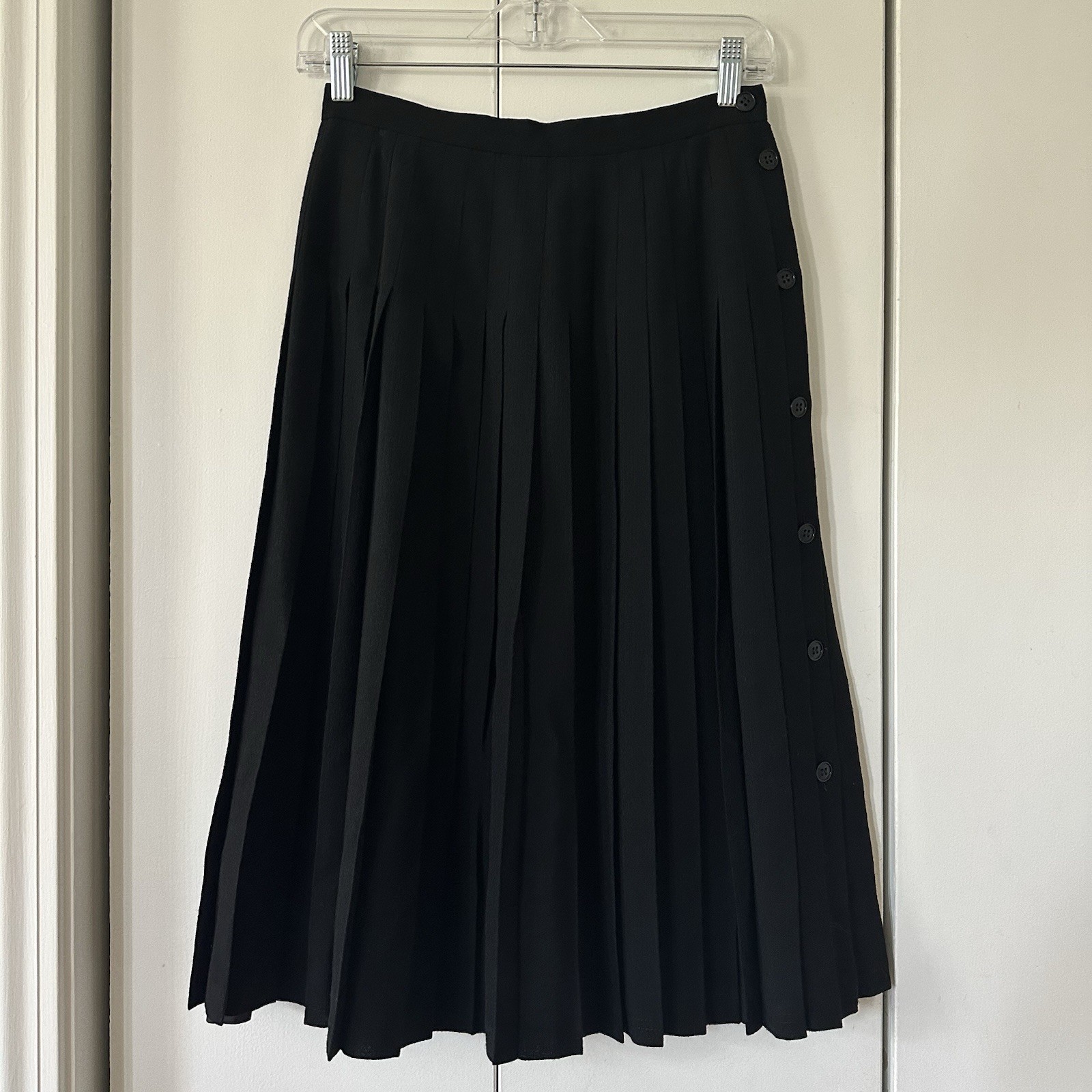 Vintage 80s/90s Black Worsted Wool Pleated Midi Length Skirt Buttons Jaeger S
