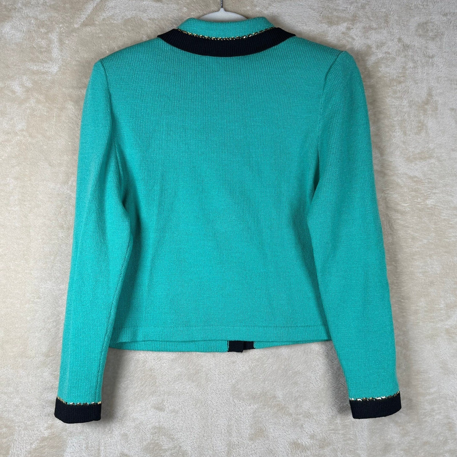J.S.S. Vintage Teal Green Wool Blend Knit Cardigan Jacket Black Gold Trim Small
