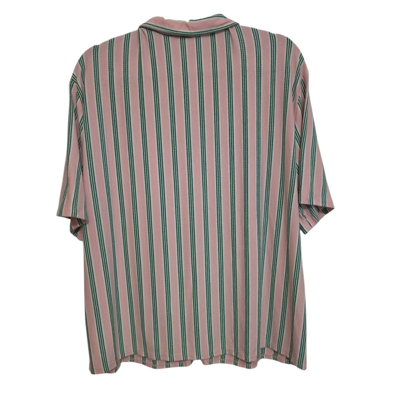 Y2K 90’s Baby T Large Rayon Camp Shirt Pink Green Stripe Button Front Pocket Top