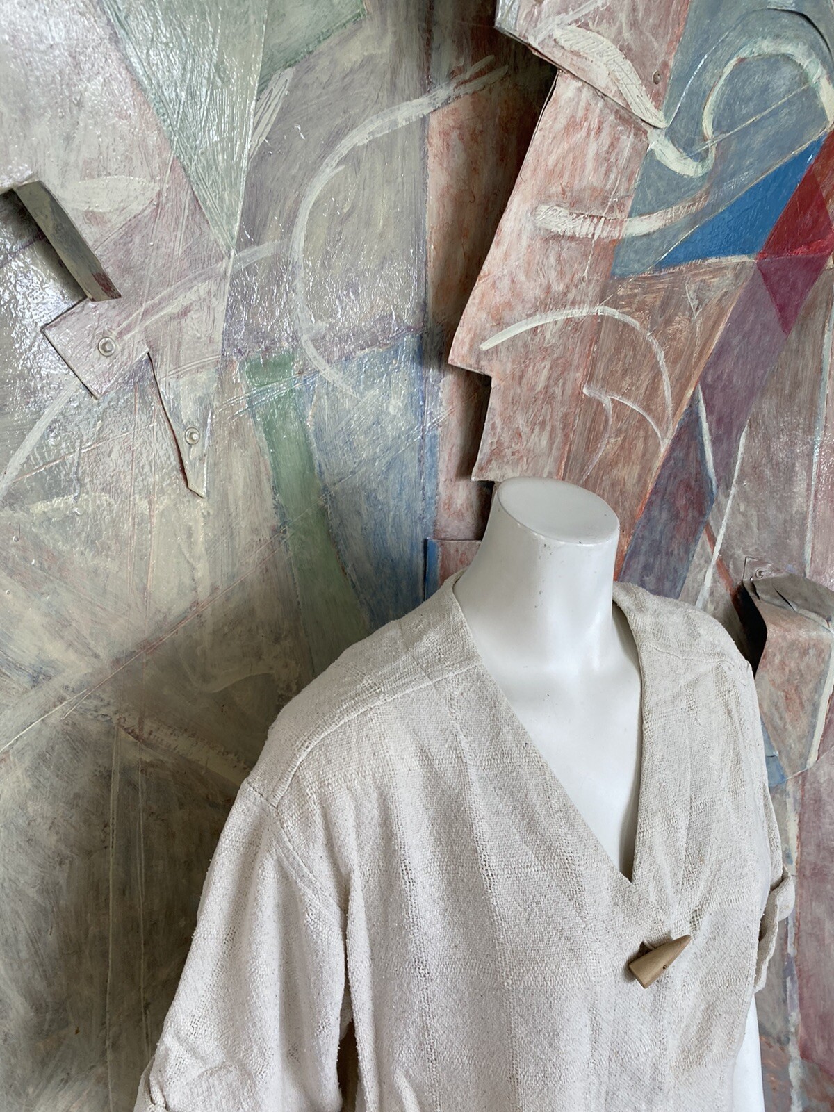 Vintage Regina Kravitz Dress Cream Linen Pocketed Size 6 Mid Length Boho Shift