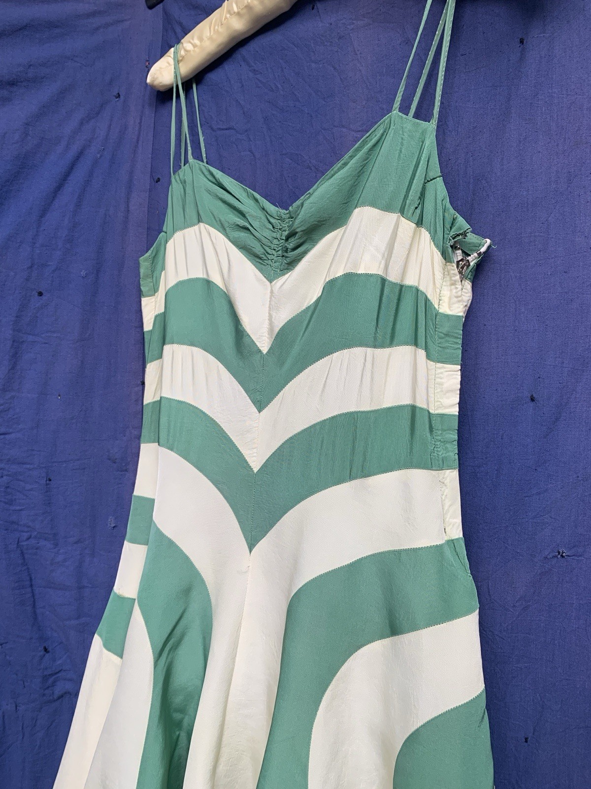 1940s Radial Stripe Rayon Taffeta Maxi Gown