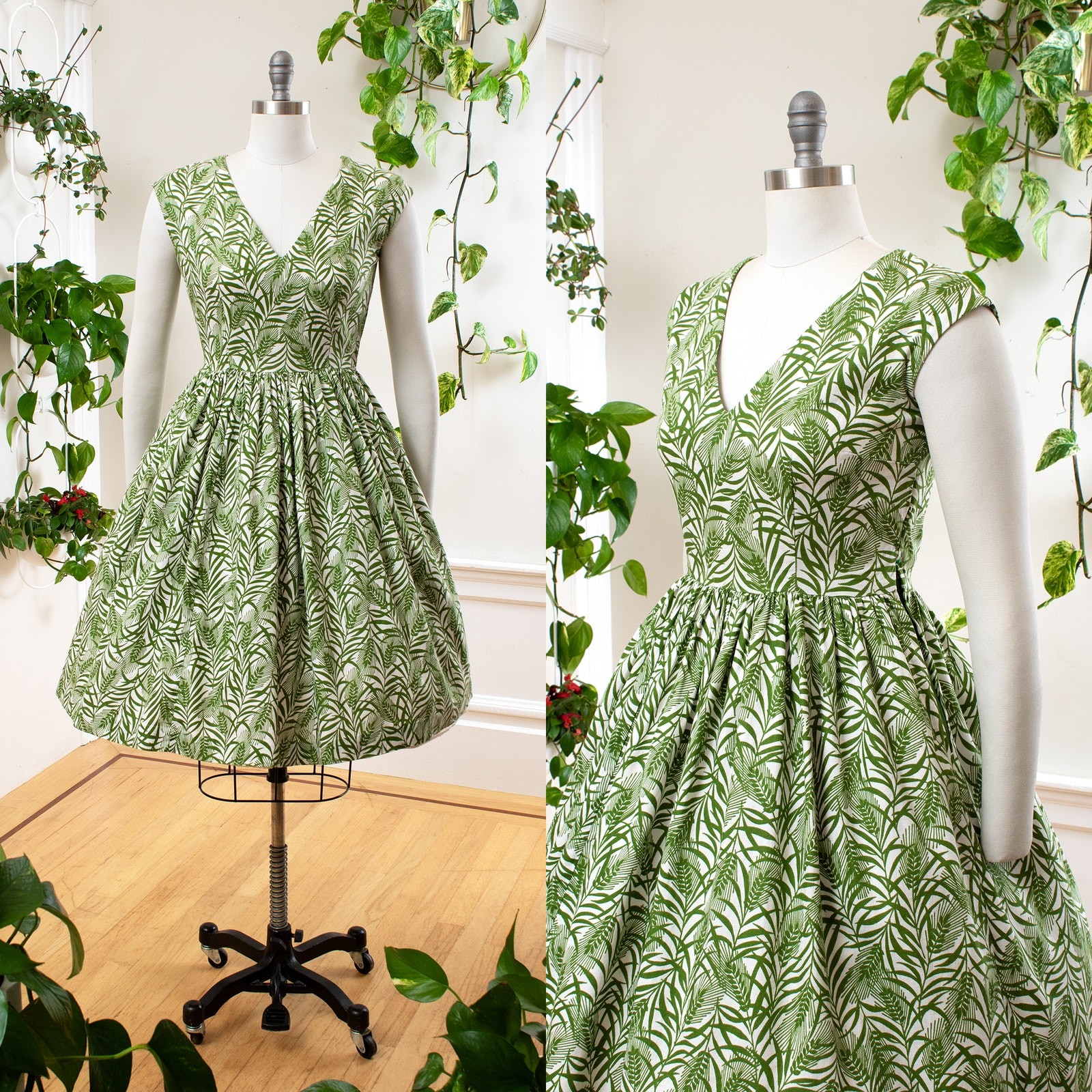 Vintage 1950s Sundress 50s Green Plants Floral Cotton Green Fit Flare Day Dress
