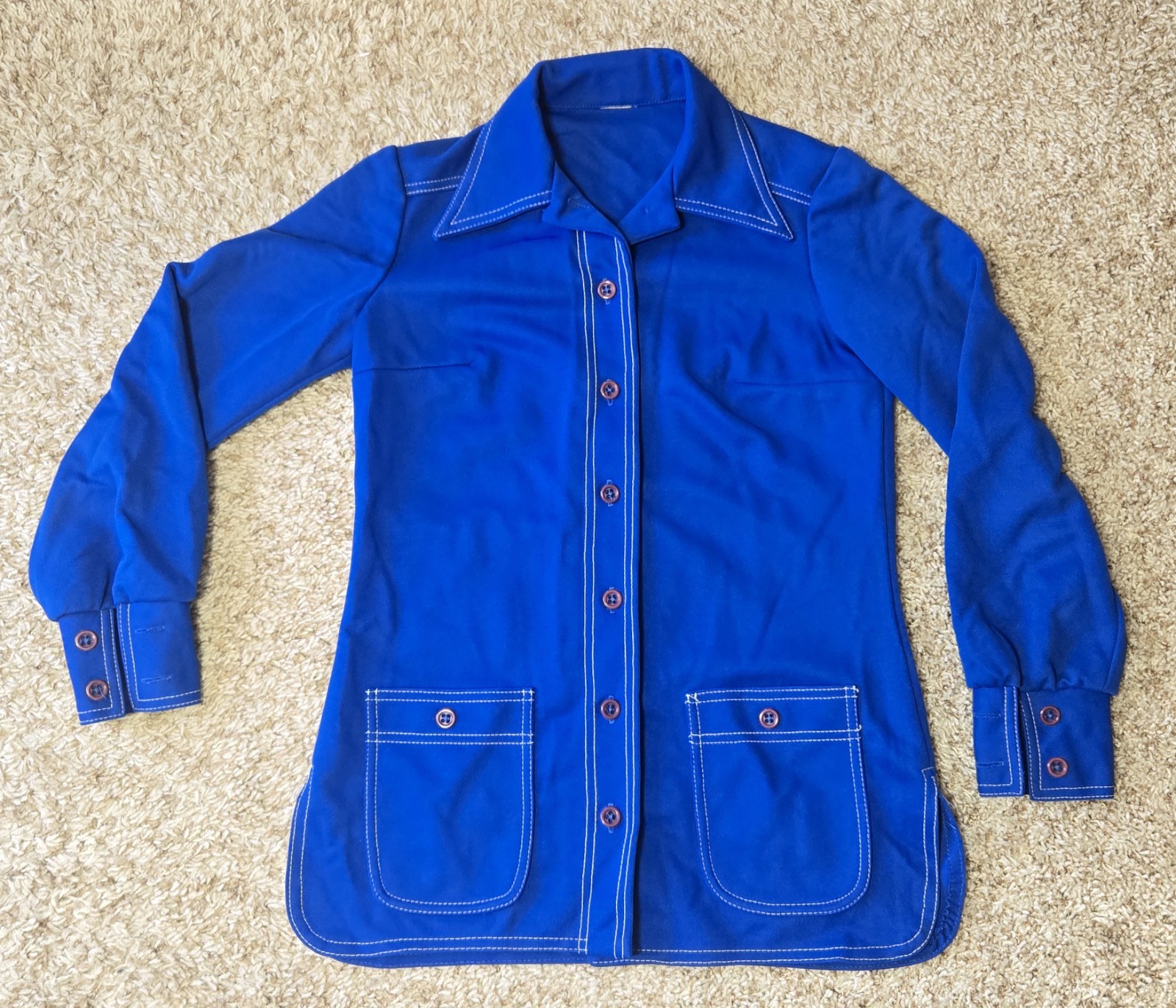 Vintage 60s 70s Retro Mod Hippie Shirt Blouse Top Small Granny Blue Stitching