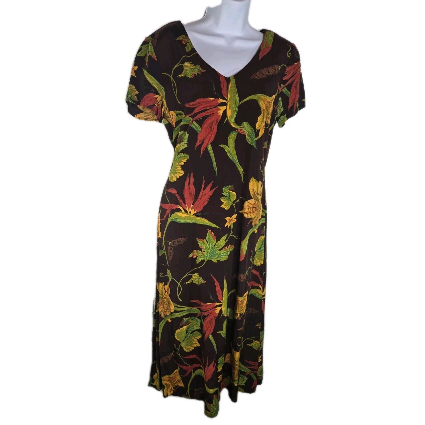 Vtg 90s K.C. Spencer Brown Floral Tropical Long Midi Dress Grunge usa