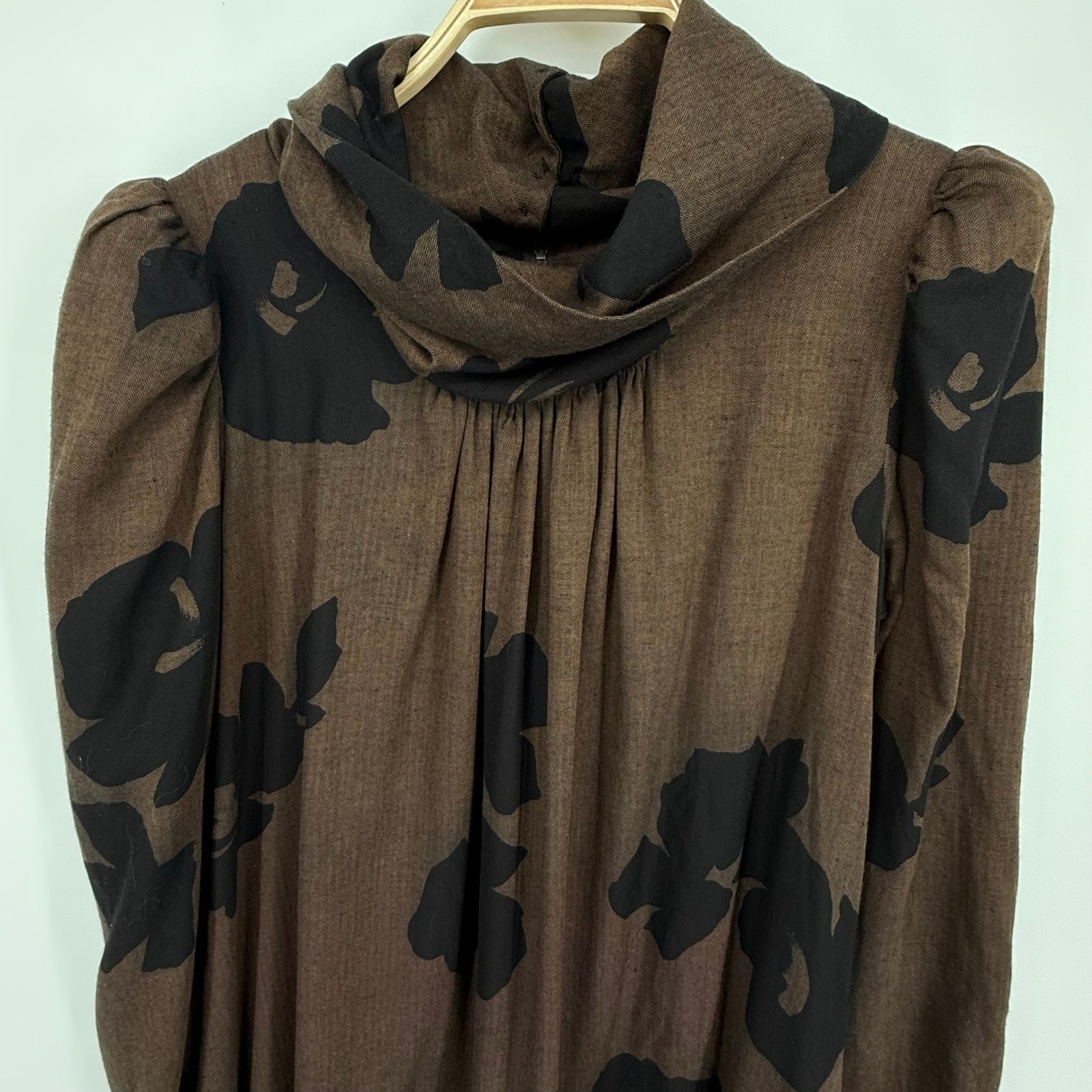 N.R. 1 Ned Gould Floral Herringbone Midi Dress Womens 12 Brown Vintage Cowl Neck