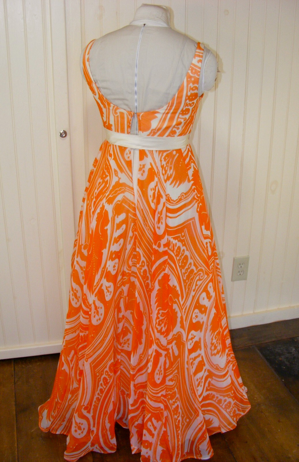 1970 DRESS KIKI HART COUTURE ORANGE WHITE CHIFFON EMPIRE WAIST BALL GOWN SM