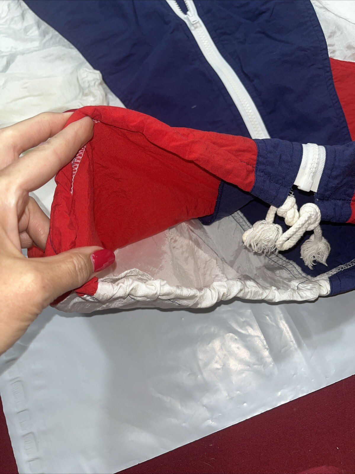 USA Windbreaker Sailing Nautical Red White Blue zip Up Cinch Tie Hem Med Vintage