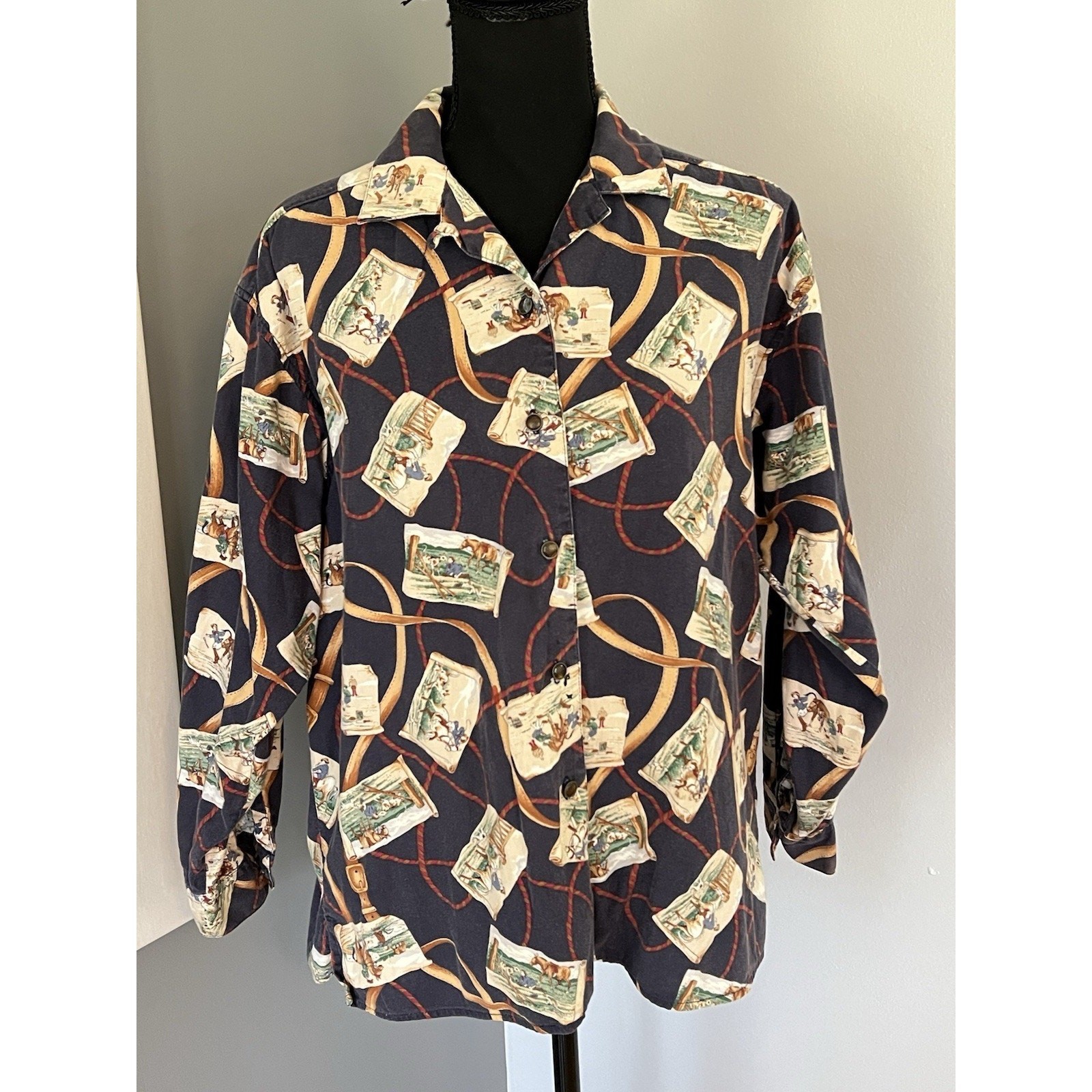 Vintage Ruff Hewn Cowboy Shirt Equestrian Western Bridle Rope Medium READ