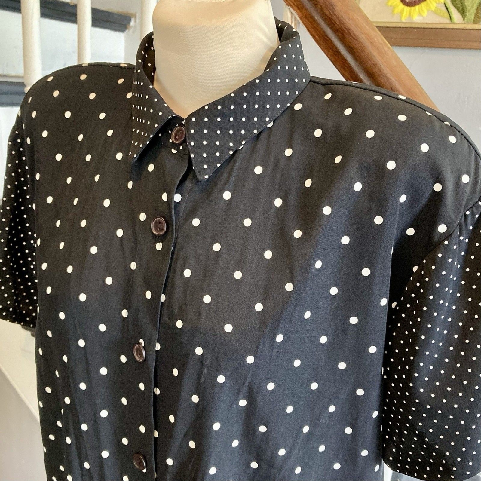 1980s 1990s Black And White Polka dot Shirt Shoulder Pads New Wave Work 9 To 5
