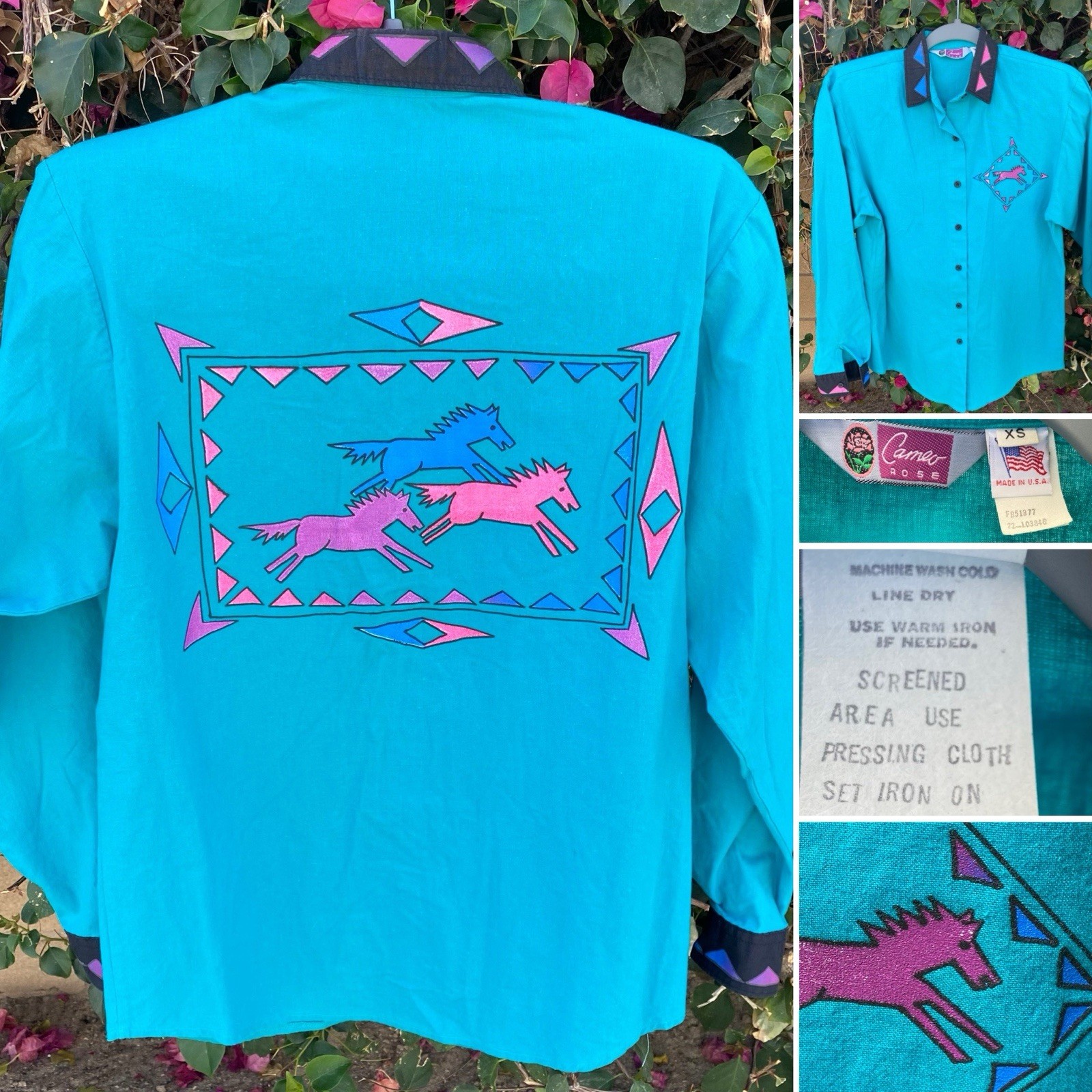 Vtg Cameo Rose Western Southwestern Shirt Top Blouse Horses 80s 90s Cowgirl XS